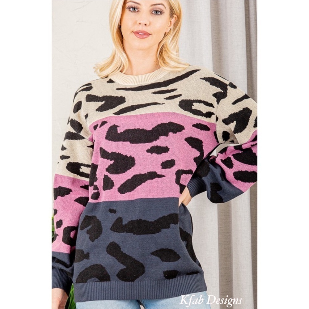 Last 1! Vibrant Color Block Super Soft Animal Print Puff Sleeve Sweater! - Picture 2 of 10